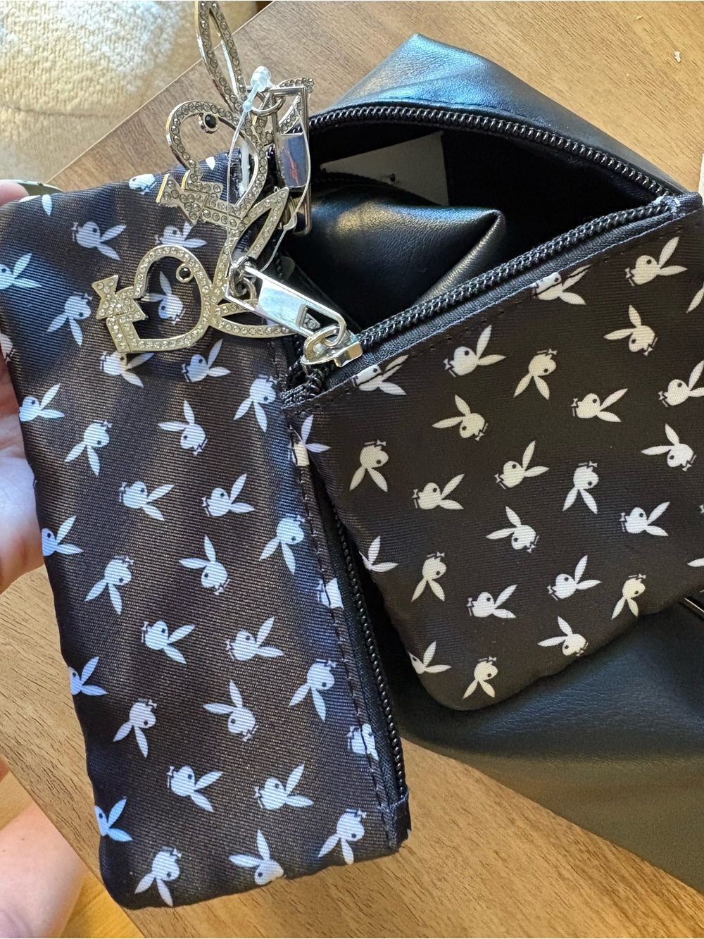 PLAYBOY Black Cosmetic Bag Trio with Rhinestone Bunny Charm BRAND NEW